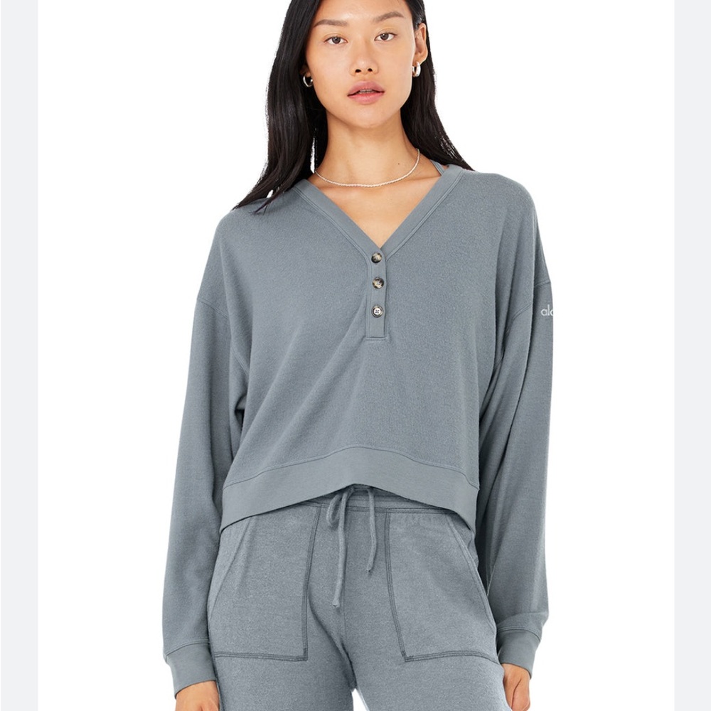 Alolux Soho Cropped Henley- Steel Blue